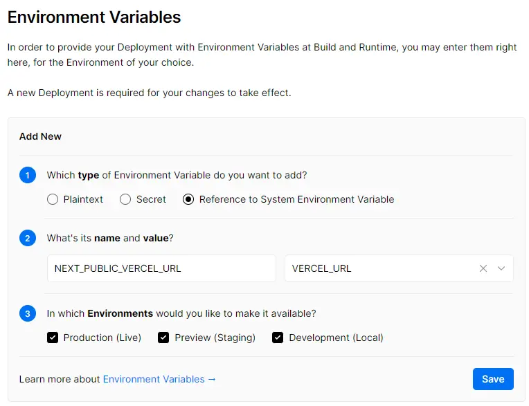 Vercel environment variables settings